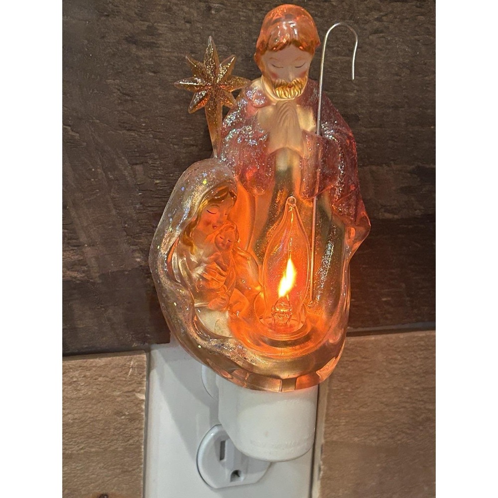 Vintage Nativity Night Light Flickering‎ Fire Bulb Mary Joseph Jesus Midwest